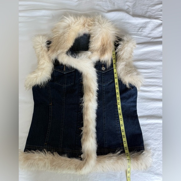 Vintage Denim Vest w Fox Fur Trim Womens Large 70s disco Y2K Mob Wife Penny Lane - Picture 4 of 7